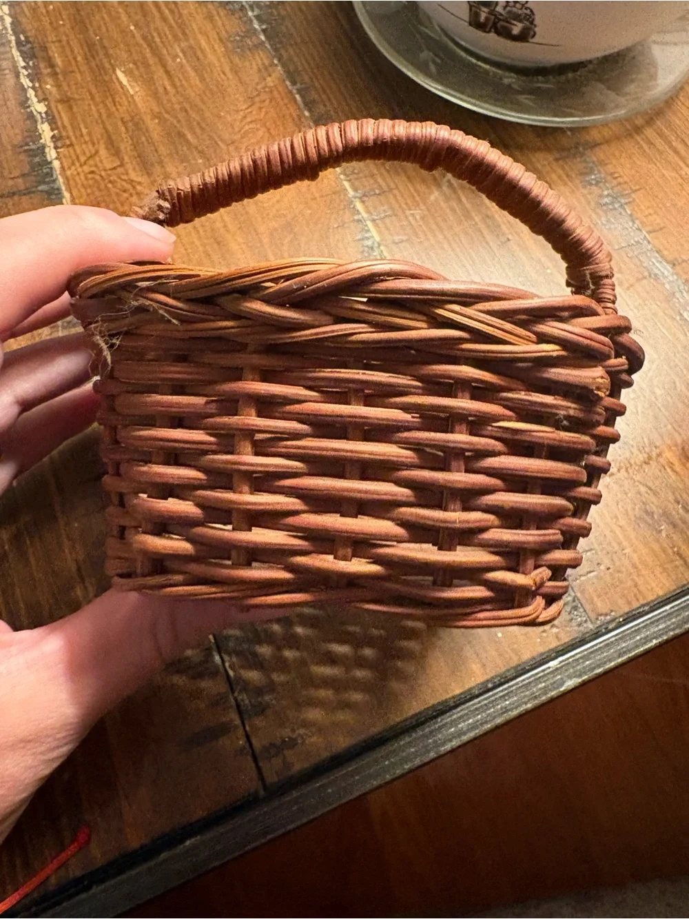 Miniature Brown Woven Wicker Basket with Handle - Rustic Primitive Decor